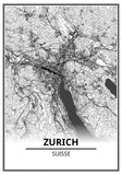 Affiche Carte Ville <br /> Zurich